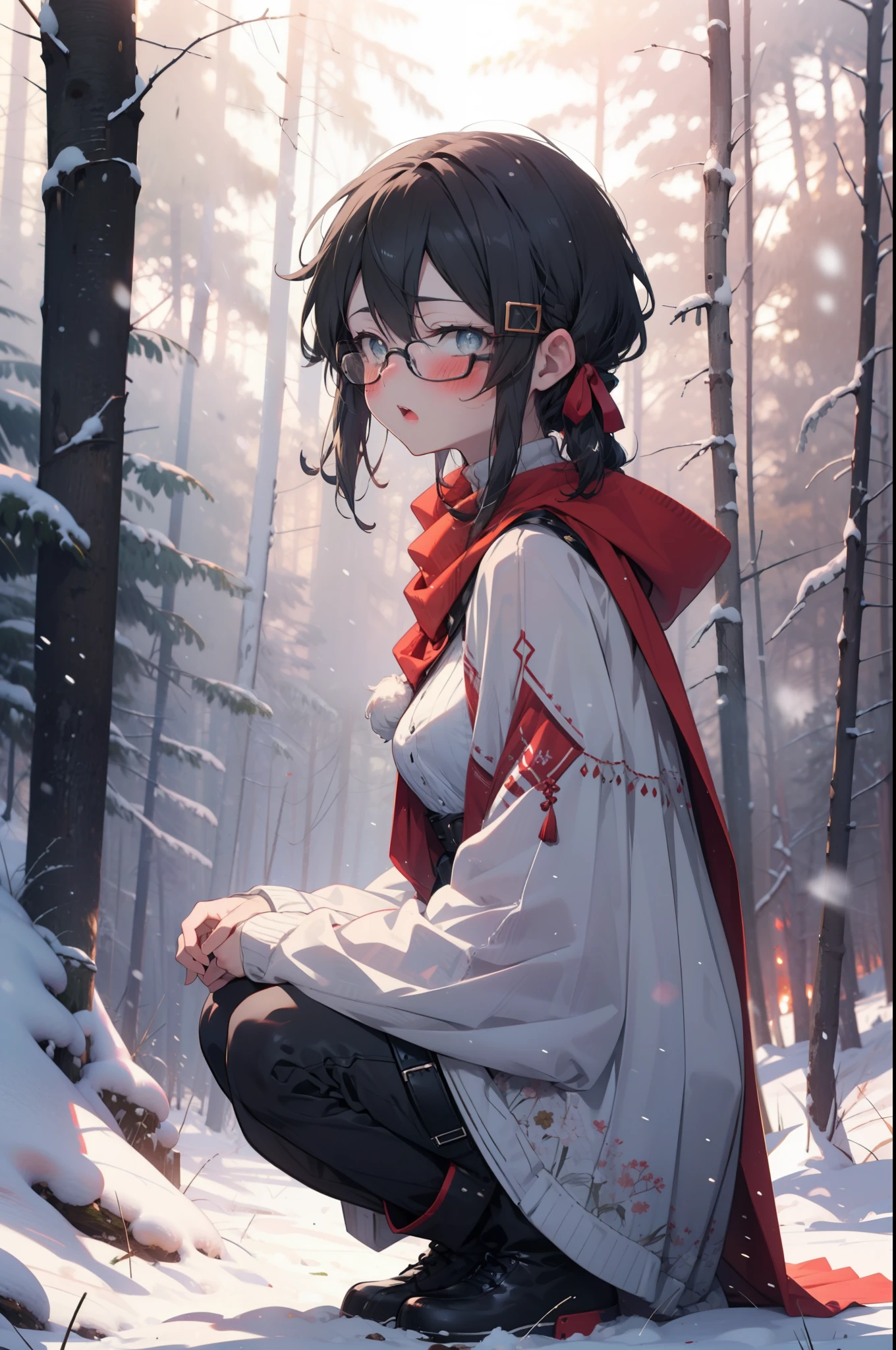 Shino Asada, Shino Asada, (black eye:1.5), Black Hair, Hair between the eyes, Hair Ribbon, short hair, Side Lock, Glasses, (Small breasts:1.2),blush,White Breath,
Open your mouth,snow,Ground bonfire, Outdoor, boots, snowing, From the side, wood, suitcase, Cape, Blurred, having meal, forest, White handbag, nature,  Squat, Mouth closed, Cape, winter, Written boundary depth, Black shoes, red Cape break looking at viewer, Upper Body, whole body, break Outdoor, forest, nature, break (masterpiece:1.2), highest quality, High resolution, unity 8k wallpaper, (shape:0.8), (Beautiful and beautiful eyes:1.6), Highly detailed face, Perfect lighting, Extremely detailed CG, (Perfect hands, Perfect Anatomy),