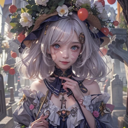 Standing in the grave、Hair flow、 ((highest quality、masterpiece、8k、Best image quality、Ultra-high resolution、Award-winning works)、(Accurate anatomy:1.1)、(Look at me and smile:1.1)、Shining fair skin with Ultra-high resolution、The most detailed face、Ultra-high resolution detailed face、Ultra-high resolutionの髪の毛、(Ultra-high resolution eye:1.1)、Beautiful face drawn in every detail、Cheerful clown costume, Chest to chest, Strange atmosphere, Ghosts flow, Dark Light, At the cemetery, Heavy makeup