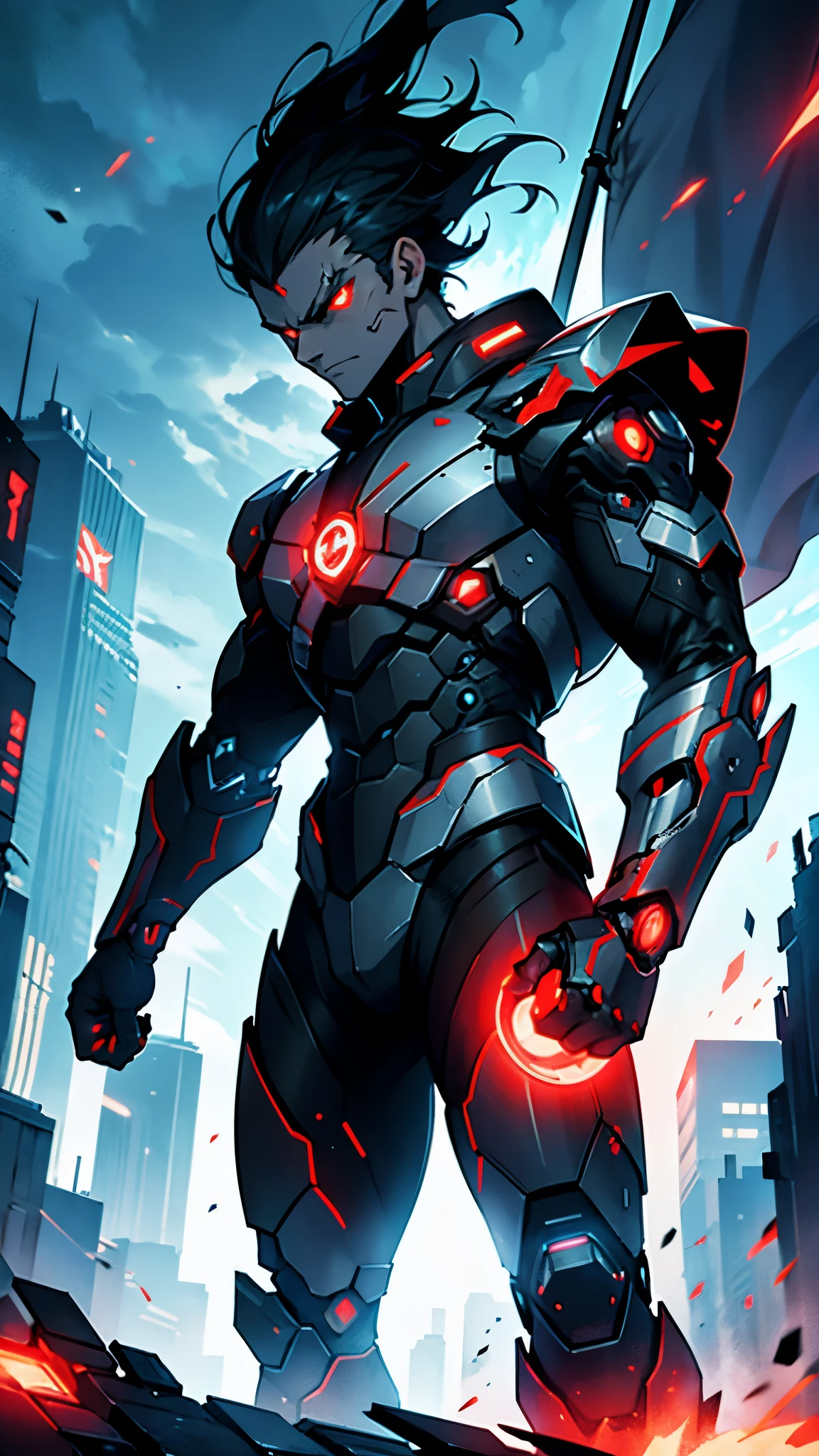 A captivating and dynamic animated illustration featuring Synthor, a fearsome half-human, half-machine cyborg. He stands tall with glowing red eyes and a determined expression, holding a powerful arm cannon in one hand and a flag symbolizing