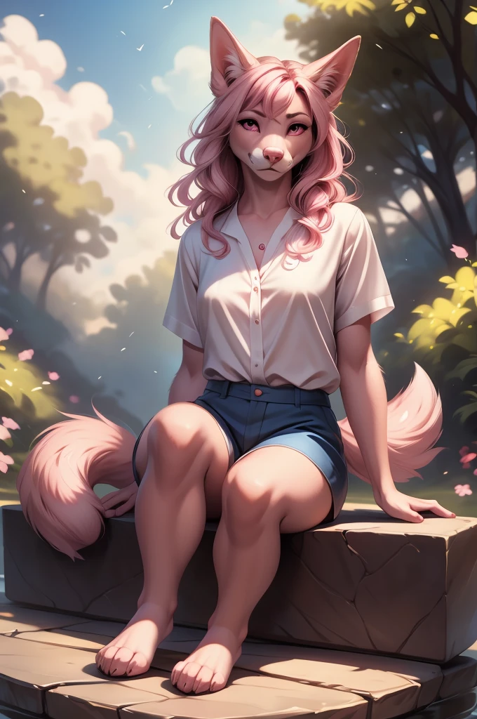 by kenket, Ross Tran, ruan jia, zaush, foxovh, by Zackary911, by hyattlen, by teranen, by fumiko, by Pixelsketcher, by Bayard Wu, by Thomas Benjamin Kennington, by Einshelm, by Kilinah, by Coffeesoda, by Hioshiru, by fluff-kevlar, by r-mk, by Dimwitdog, Furry, Nazuna_hiwatashi, Anthro, Female, Solo, sitting in grass, Mocking Look, (half-closed eyes), Pink Hair, Pink Tail, (red eyes), (looking at the viewer), (small breasts, hips), (fox), sunny day, (public park), (pink body, two-tone fur), (blushing, sweatin), (ponytail hair), nude, naked, no clothes, legs spread, 