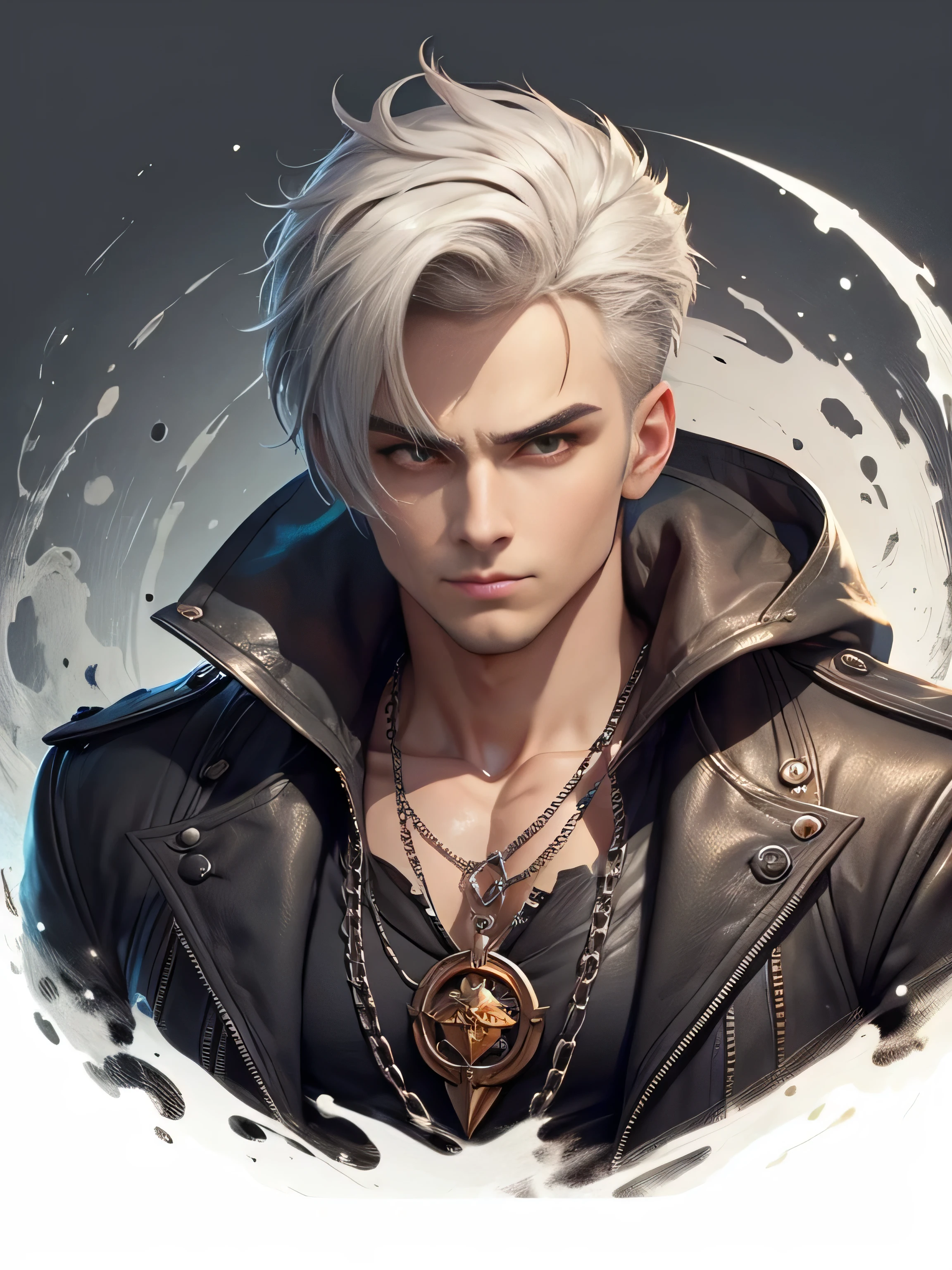 Create Facing front, looking straight ahead. an extravagant portrayal of a guy in Gothic style, emphasizing the guy theme. The design should feature Gothic elements such as lace, chains, and Victorian details, showcasing an elegant and intricate style. Utilize a color palette of black, white, and pastel tones to capture the unique Gothic aesthetic. The design must be eye-catching, with the guy centered in the image against a white background. he should fit well within the space, ensuring he does not touch the edges of the canvas. No text should be included in the image.