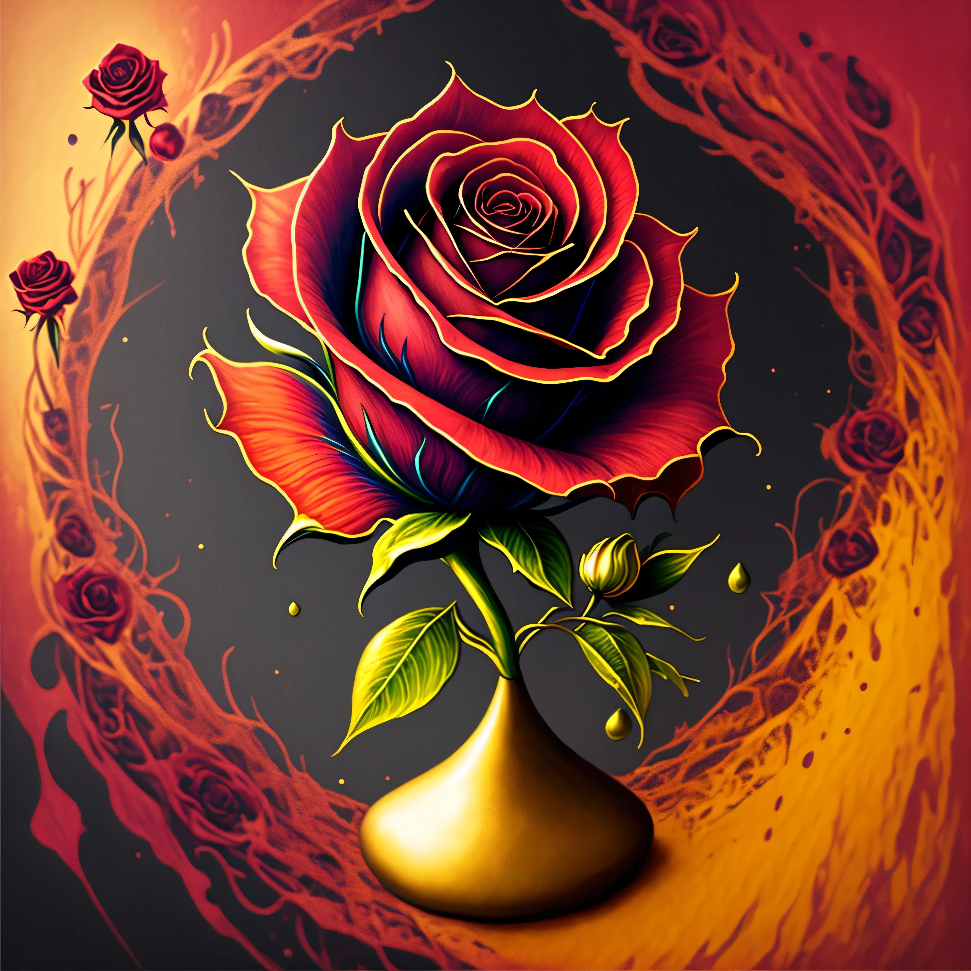 a painting of a red rose on a black background, amazing fantasy art, rich deep colours masterpiece, awe sublime, gold noble, kisses are wordless spells, dorne, wow it is beautiful, 3d intricate shapes, author unknown, by Penny Patricia Poppycock, very beautiful photo, beautiful avatar pictures, deep colour\'s, ad image, maroon red