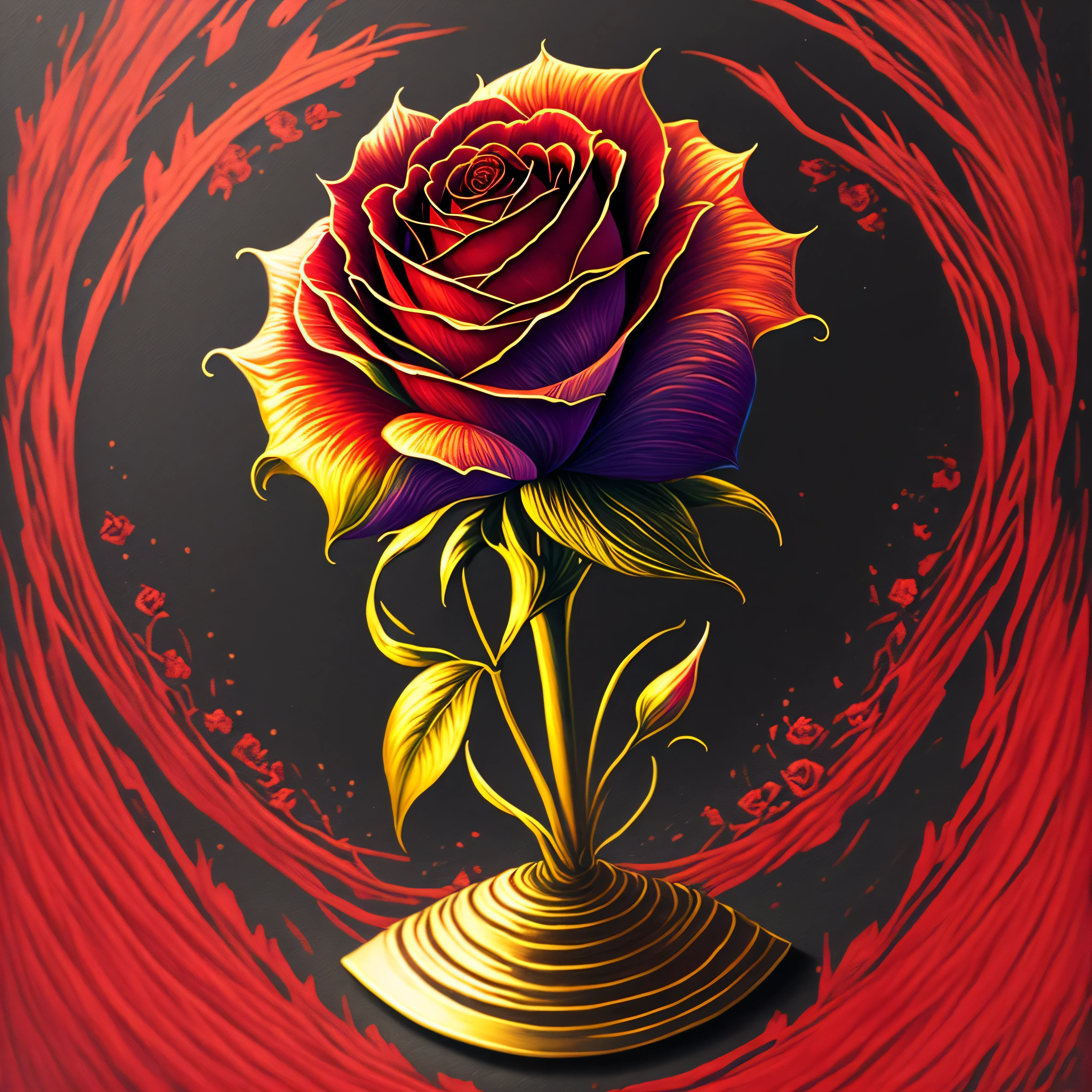 a painting of a red rose on a black background, amazing fantasy art, rich deep colours masterpiece, awe sublime, gold noble, kisses are wordless spells, dorne, wow it is beautiful, 3d intricate shapes, author unknown, by Penny Patricia Poppycock, very beautiful photo, beautiful avatar pictures, deep colour\'s, ad image, maroon red