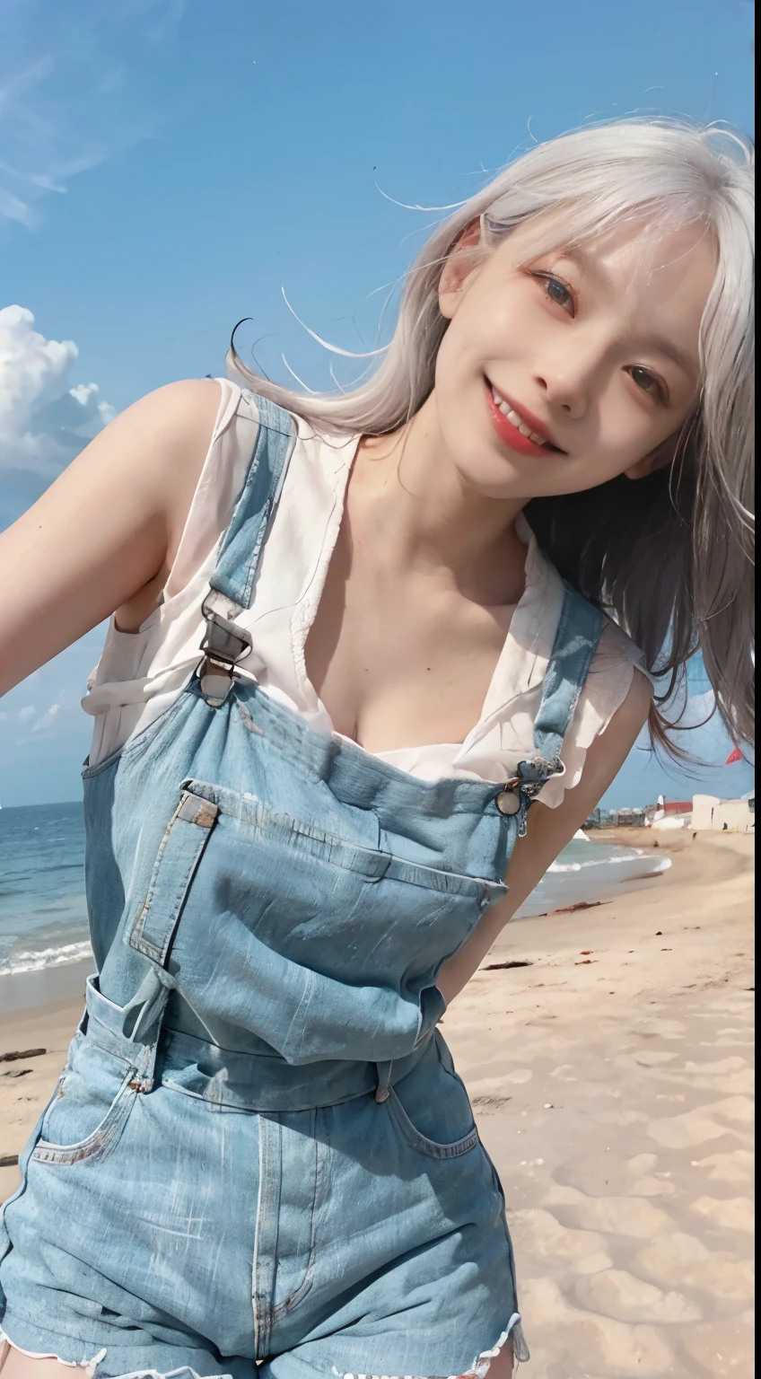 Best image quality、RAW Photos、超A high resolution、21 years old Korean、Small breasts、Dynamic Angle、Cowboy Shot、Chaos in its most beautiful form、elegant、Brutalist Design、Vibrant colors、Beautiful white hair、Short Bob、smile、fun、smile、Glowing White Skin、Beautiful eyes with random colors、Very thin lips、Beautiful eyes in every detail、length, Narrow eyes、Cheeks are pale pink、length eyelashes、Beautiful double eyelids、eye shadow、Bright white hair、Overalls、Sandy Beach、null、Shooting from below at an angle、Low - Angle、The wind is blowing、Hair fluttering