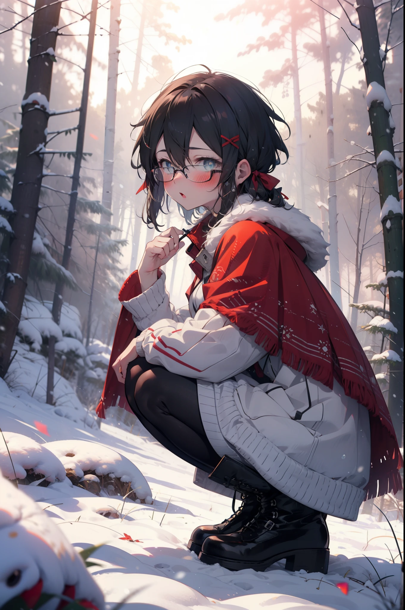 Shino Asada, Shino Asada, (black eye:1.5), Black Hair, Hair between the eyes, Hair Ribbon, short hair, Side Lock, Glasses, (Small breasts:1.2),blush,White Breath,
Open your mouth,snow,Ground bonfire, Outdoor, boots, snowing, From the side, wood, suitcase, Cape, Blurred, having meal, forest, White handbag, nature,  Squat, Mouth closed, Cape, winter, Written boundary depth, Black shoes, red Cape break looking at viewer, Upper Body, whole body, break Outdoor, forest, nature, break (masterpiece:1.2), highest quality, High resolution, unity 8k wallpaper, (shape:0.8), (Beautiful and beautiful eyes:1.6), Highly detailed face, Perfect lighting, Extremely detailed CG, (Perfect hands, Perfect Anatomy),