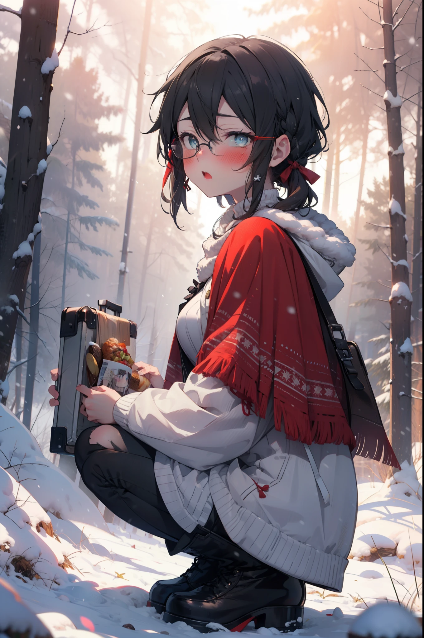 Shino Asada, Shino Asada, (black eye:1.5), Black Hair, Hair between the eyes, Hair Ribbon, short hair, Side Lock, Glasses, (Small breasts:1.2),blush,White Breath,
Open your mouth,snow,Ground bonfire, Outdoor, boots, snowing, From the side, wood, suitcase, Cape, Blurred, having meal, forest, White handbag, nature,  Squat, Mouth closed, Cape, winter, Written boundary depth, Black shoes, red Cape break looking at viewer, Upper Body, whole body, break Outdoor, forest, nature, break (masterpiece:1.2), highest quality, High resolution, unity 8k wallpaper, (shape:0.8), (Beautiful and beautiful eyes:1.6), Highly detailed face, Perfect lighting, Extremely detailed CG, (Perfect hands, Perfect Anatomy),