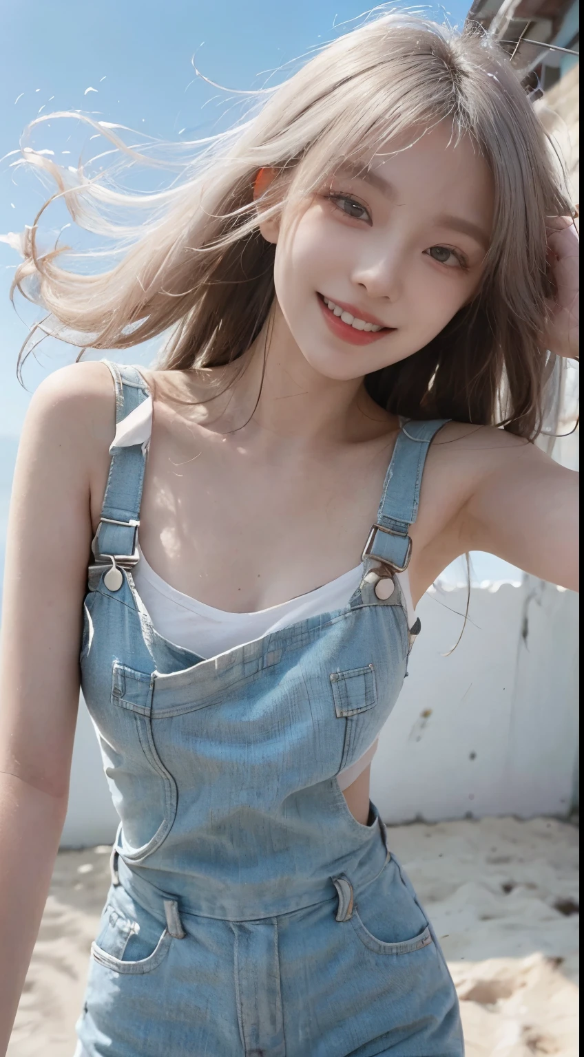 Best image quality、RAW Photos、超A high resolution、21 years old Korean、Small breasts、Dynamic Angle、Cowboy Shot、Chaos in its most beautiful form、elegant、Brutalist Design、Vibrant colors、Beautiful white hair、Short Bob、smile、fun、smile、Glowing White Skin、Beautiful eyes with random colors、Very thin lips、Beautiful eyes in every detail、length, Narrow eyes、Cheeks are pale pink、length eyelashes、Beautiful double eyelids、eye shadow、Bright white hair、Overalls、Sandy Beach、null、Shooting from below at an angle、Low - Angle、The wind is blowing、Hair fluttering