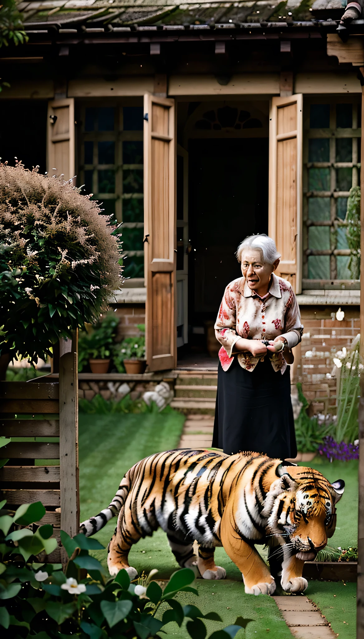 An old lady playing with a bloody angry tiger. In her yard in British style garden . Realistic, photography, smartphone camera photography.