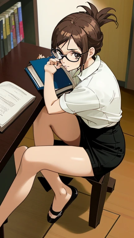 woman with brown hair tied back in a ponytail, wearing glasses, wearing a tight white shirt, tight black short skirt, sitting at a study table, holding a book, is soaking wet