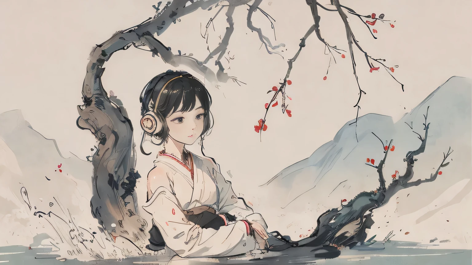 (masterpiece, highest quality: 1.2), Ink Painting, Girl listening to music with headphones,oriental balinese mystical lo-fi chillout ethereal liberating soothing floaty