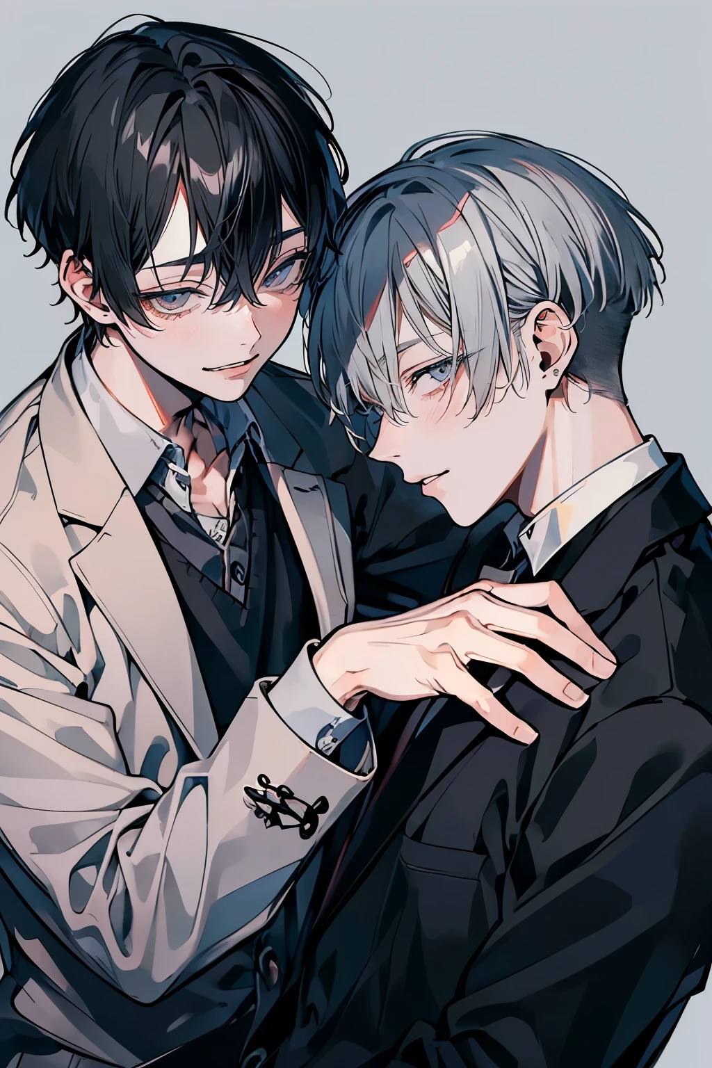 (Mastepiece), (Best Quality), Very detailed, ((Two men intimate:1.5)), Perfect Face, Beautiful Face, Very detailedな顔,(Black-haired man:1.3),(Grey-haired man:1.3)、suit、(Laugh together:1.2)