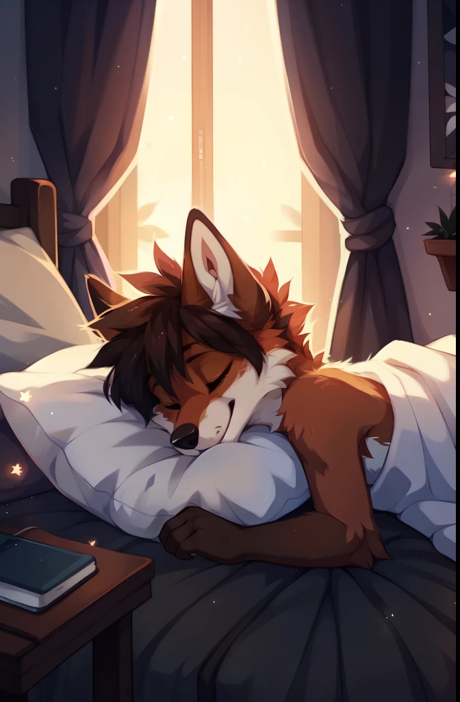 solo,full body,(Sweet dream),sleeping,Smile,Close your eyes,Male,fox,green eyes,brown hands,pajamas,Good night,sleepy,bedroom,floor,Outside the window is the night sky and the Milky Way,Stellaris, ((by keihound, by reysi)), by Zackary911, by hyattlen, by fumiko, by fluff-kevlar, Furry, Anthro,