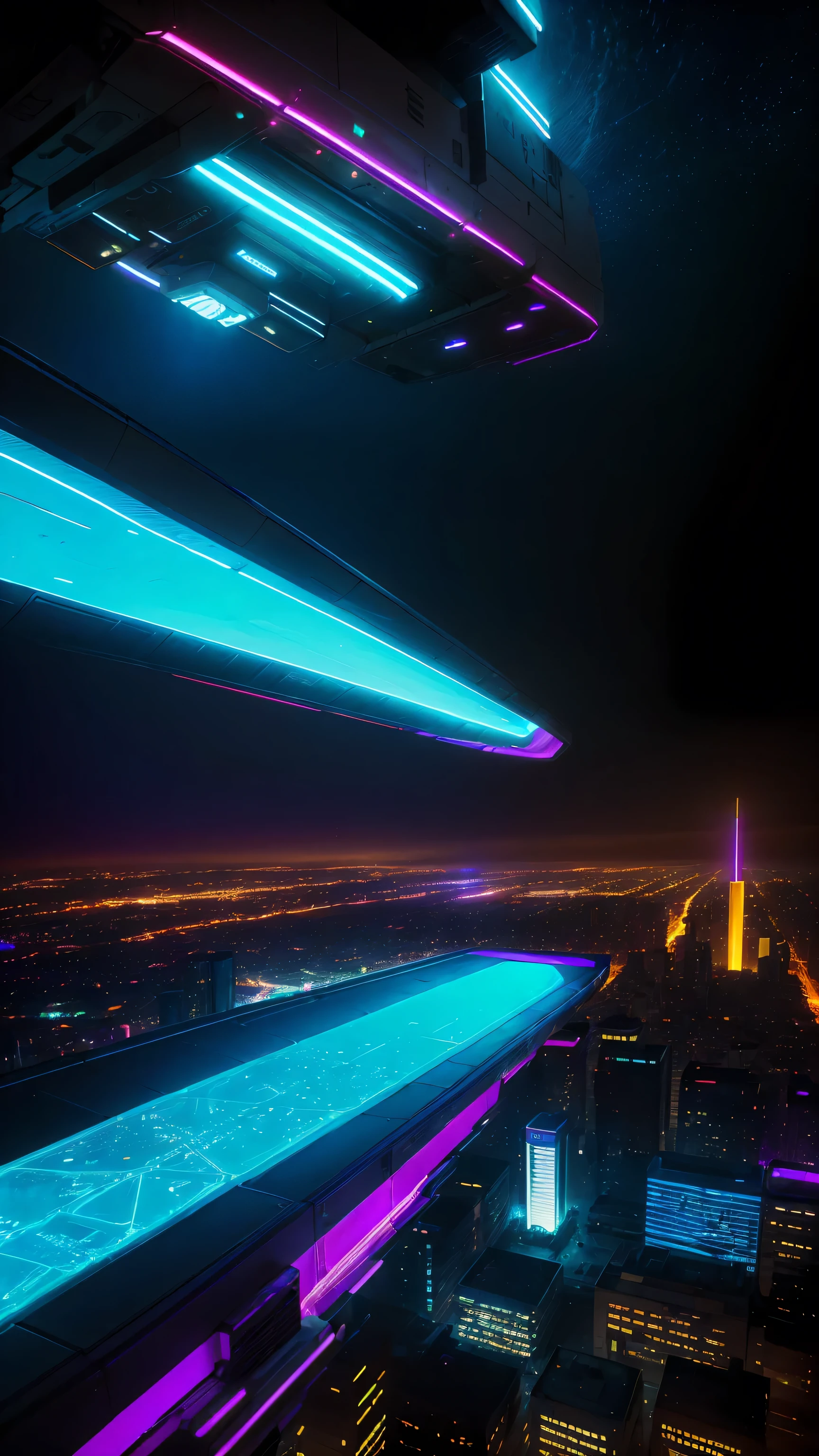 conceito:(((This is a photographic masterpiece of a near-future city, portraying a cyberpunk worldview.)))。 qualidade:(highest quality, 4k, 8K, high resolution, Obra de arte:1.2), Super detalhado, (realista, Photorealista, Photorealista:1.37), lighting: cinematic light, Cores brilhantes e efeitos hipnotizantes em tons de roxo e azul, contrast between darkness and bright light, sombras e destaques, Elementos SF, Subject information: Aerial photo of Cyber City, de cima, arquitetura futurista, glowing neon lights, Amazing skyline, Advanced technology, ((hovering vehicle)), (((A beautiful image of a cybercity drawn from the perspective of de cima:1.3))) Outros detalhes: atmosfera animada, Holographic advertising, cyberpunk aesthetic, tons azulados, some stars shining in the sky, Space background, tecnologias emergentes, densidade urbana, energy and excitement, Metropolis of the future, attractive composition, neon glow, Cores ricas, soft brushstroke technique, textura detalhada, escala impressionante, (((projeto ciberpunk))), Projeto elaborado, escala impressionante, Atmospheric lighting, detalhes cativantes, visuais cativantes, Artistic, 500㎜, f/4, photoshoot,