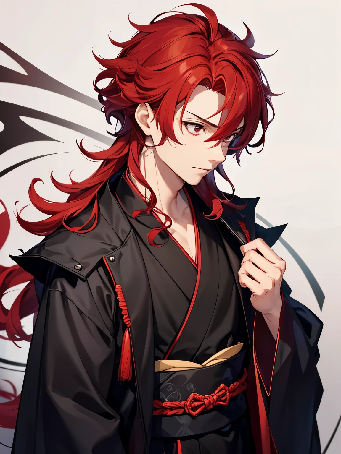 1boy,cool style,Standing, looking down, looking down,handsome,Curly hair, red hair, red eyes, shoulder length hair, vampire, handsome, Black kimono, night, standing,close up photo