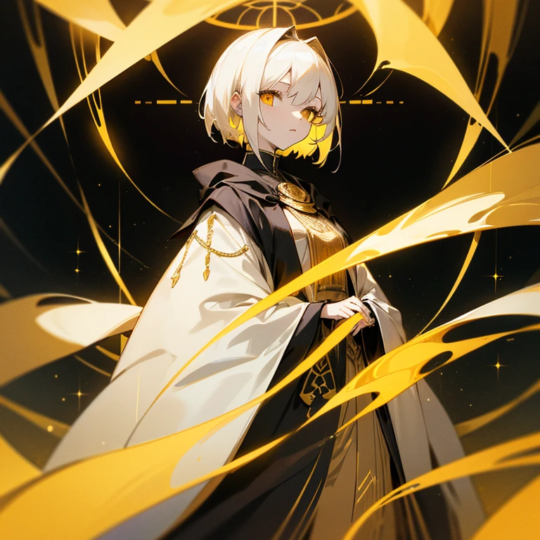 Tall young woman, slim build, pale complexion, golden eyes, short white hair, dressed in black robes with gold and white details surrounded by gold holographic screens.