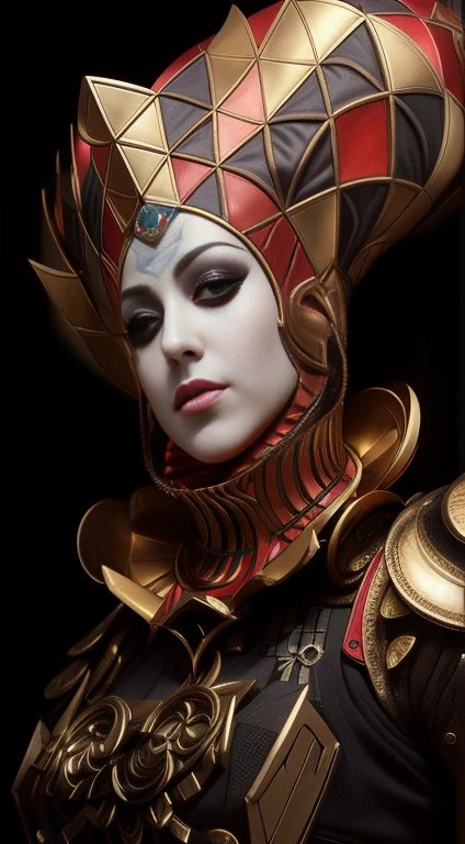 Arafed woman in a costume with a mask and a hat, adrian borda, Retrato de una reina cyborg, Karol behind UHD, Photographic portrait of queen's chess piece, Sergei Vasnev, Tomasz Alen Kopera y CGsociety, hyperrealistic fantasy art, Michael Caballo (Motor irreal, Court jester in the Renaissance era, Mujer extraordinariamente detallada