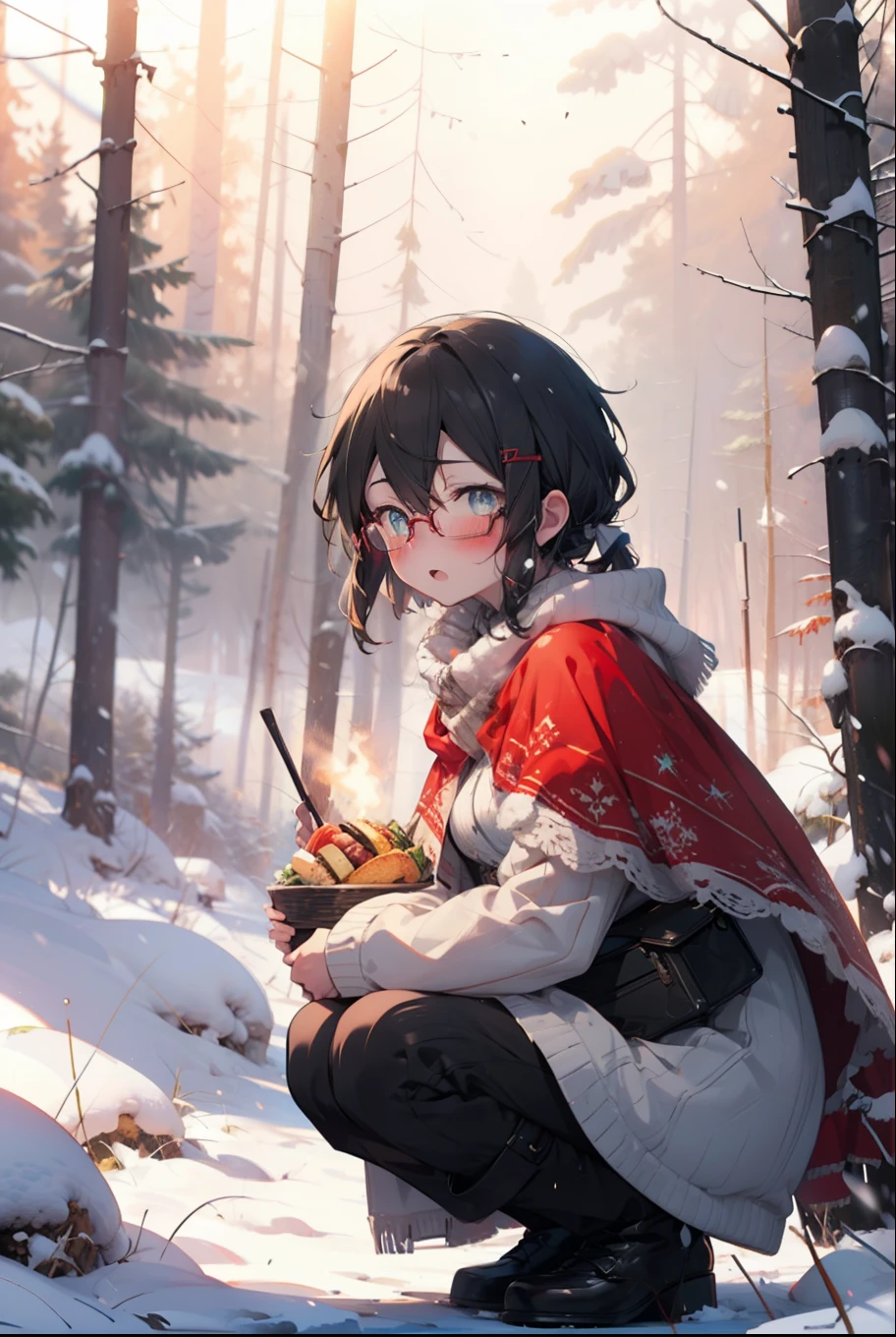 Shino Asada, Shino Asada, (black eye:1.5), Black Hair, Hair between the eyes, Hair Ribbon, short hair, Side Lock, Glasses, (Small breasts:1.2),blush,White Breath,
Open your mouth,snow,Ground bonfire, Outdoor, boots, snowing, From the side, wood, suitcase, Cape, Blurred, having meal, forest, White handbag, nature,  Squat, Mouth closed, Cape, winter, Written boundary depth, Black shoes, red Cape break looking at viewer, Upper Body, whole body, break Outdoor, forest, nature, break (masterpiece:1.2), highest quality, High resolution, unity 8k wallpaper, (shape:0.8), (Beautiful and beautiful eyes:1.6), Highly detailed face, Perfect lighting, Extremely detailed CG, (Perfect hands, Perfect Anatomy),