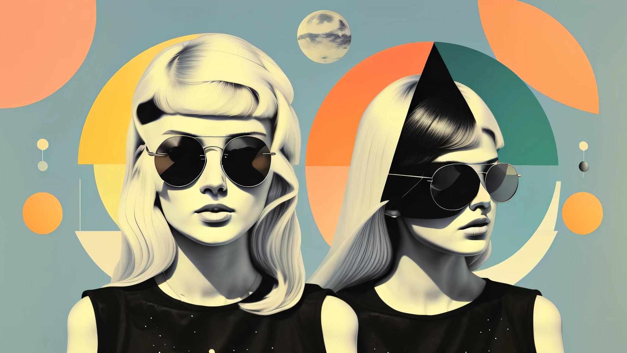 There is a triangle and a crescent moon above his head.、Single blonde European woman wearing sunglasses with green circles on light blue background、One female