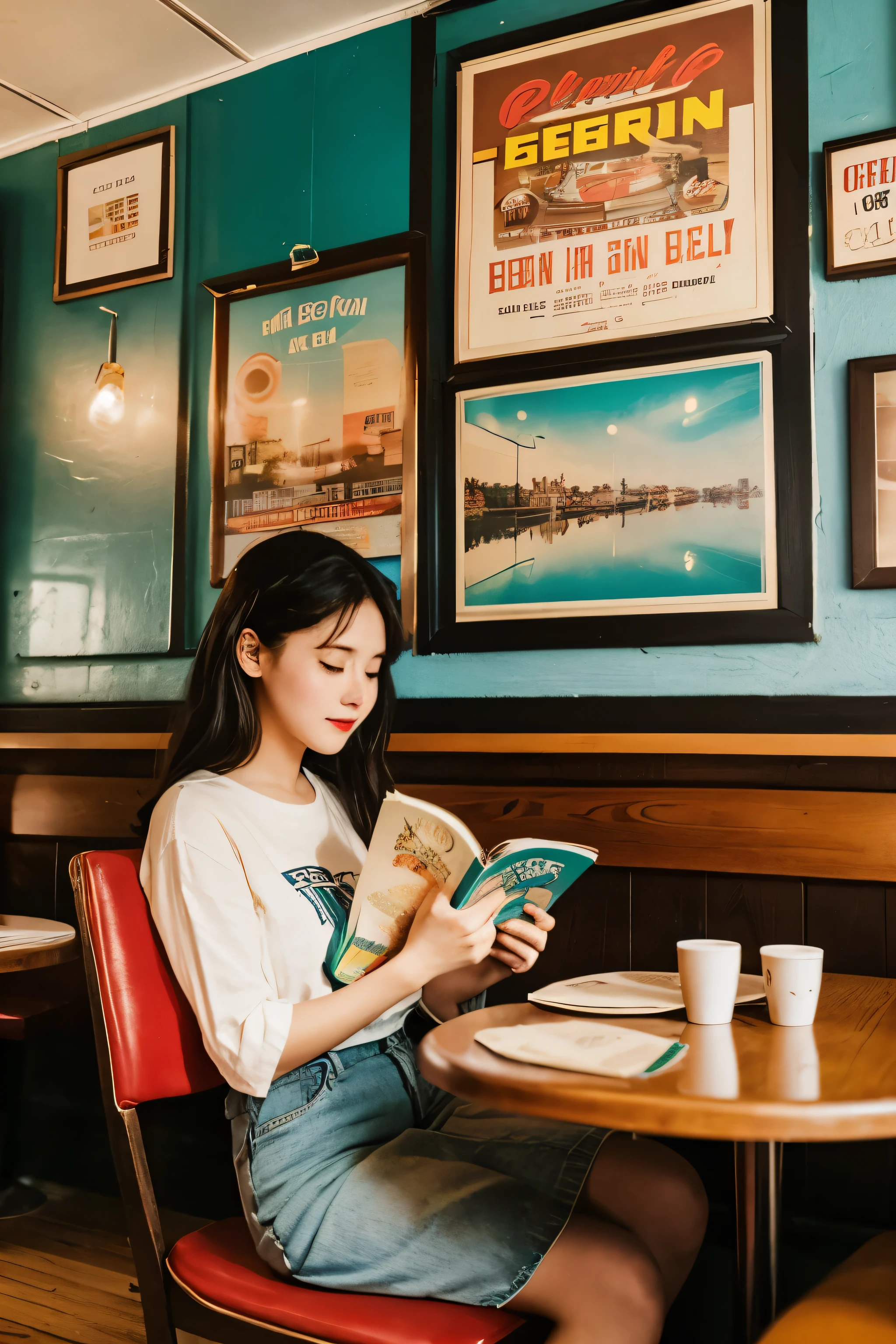 A woman in her twenties reading a book in a retro cafe、Nostalgic colors、A little faded、Old posters and record jackets on the walls、Cafe with wooden furniture、