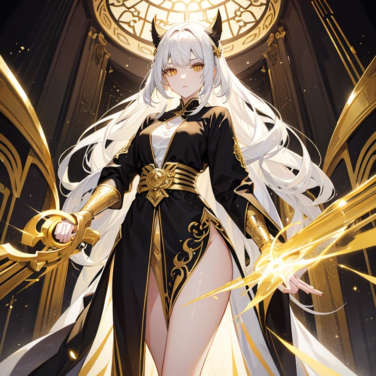Tall young woman, slim build, pale complexion, golden eyes, short white hair, dressed in black robes with gold and white details surrounded by gold holographic screens.