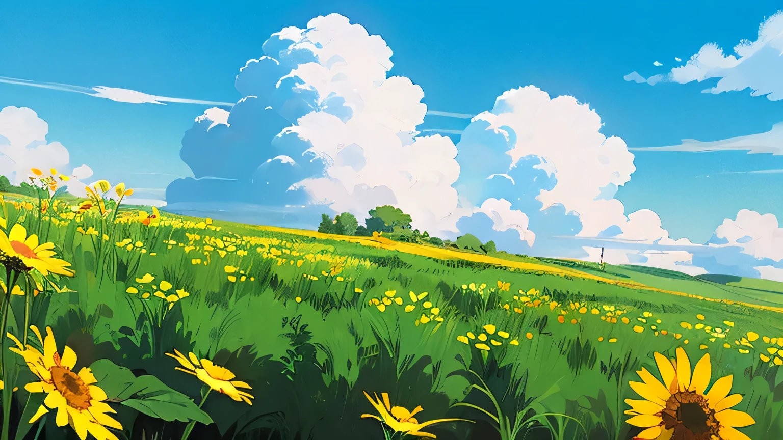 (((best quality))),blue_sky, cloud, cloudy_sky, condensation_trail, dandelion, day, field, flower, flower_field, holding_flower, horizon, kazami_yuuka, mountain, mountainous_horizon, outdoors, sky, straw_hat, summer, no human