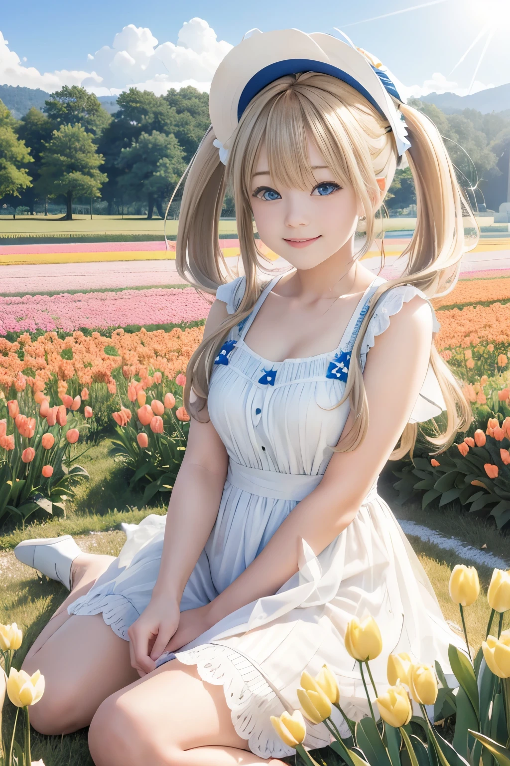 (8k, RAW Photos, Realistic, photo-Realistic:1.5), masterpiece, highest quality, High resolution, Very detailed, Detailed Background, Cinema Lighting, Dynamic Angle, Lens flare, dramatic, One girl, pretty girl, alone, Wind, Light blonde hair, blue eyes, Very long twin tails, White Hat, blue null, smile, Flying petals, flowery Field, null, Tulips, sun, Field, Fractal Art,