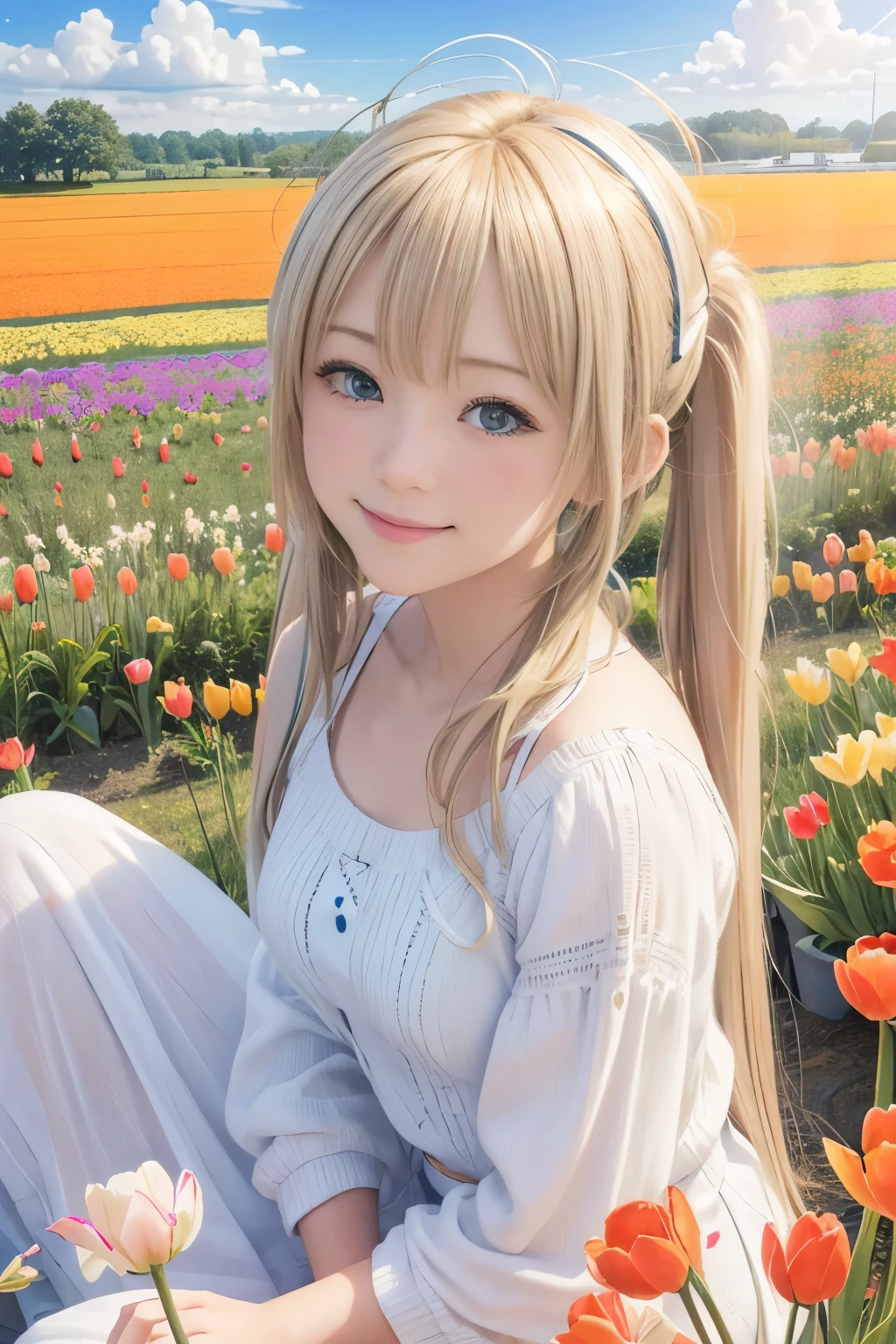 (8k, RAW Photos, Realistic, photo-Realistic:1.5), masterpiece, highest quality, High resolution, Very detailed, Detailed Background, Cinema Lighting, Dynamic Angle, Lens flare, dramatic, One girl, pretty girl, alone, Wind, Light blonde hair, blue eyes, Very long twin tails, White Hat, blue null, smile, Flying petals, flowery Field, null, Tulips, sun, Field, Fractal Art,