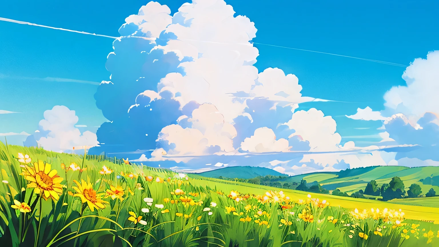 (((best quality))),blue_sky, cloud, cloudy_sky, condensation_trail, dandelion, day, field, flower, flower_field, holding_flower, horizon, kazami_yuuka, mountain, mountainous_horizon, outdoors, sky, straw_hat, summer, no human