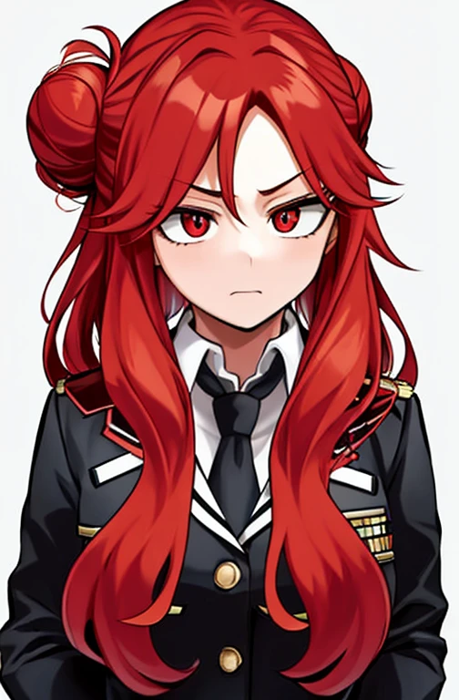 horikoshi kouhei, In the academy , boku no hero academia, Close-up, Young woman with long red hair with a bun, He wears a black jacket. Indifferent, bright red eyes, in school