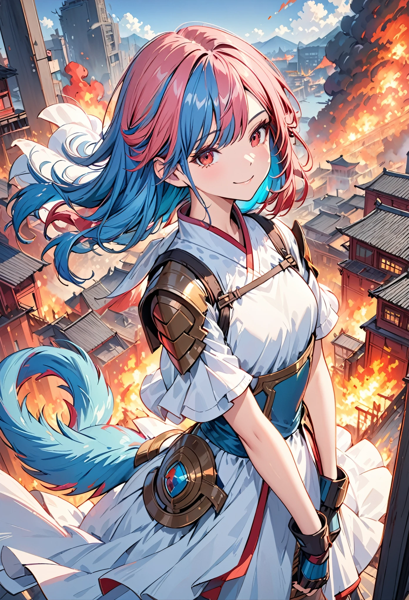best quality, 4k, masterpiece, Very detailed, High Detail, 1 Girl, Solitary, Perry, Blue Hair, Hair covering one eye, Colorful hair, Double tail, Pink Hair, Red Eyes, Two-tone hair, armor, Smile, Burning city background