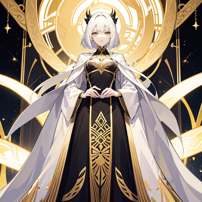 Tall young woman, slim build, pale complexion, golden eyes, short white hair, dressed in black robes with gold and white details surrounded by gold holographic screens.