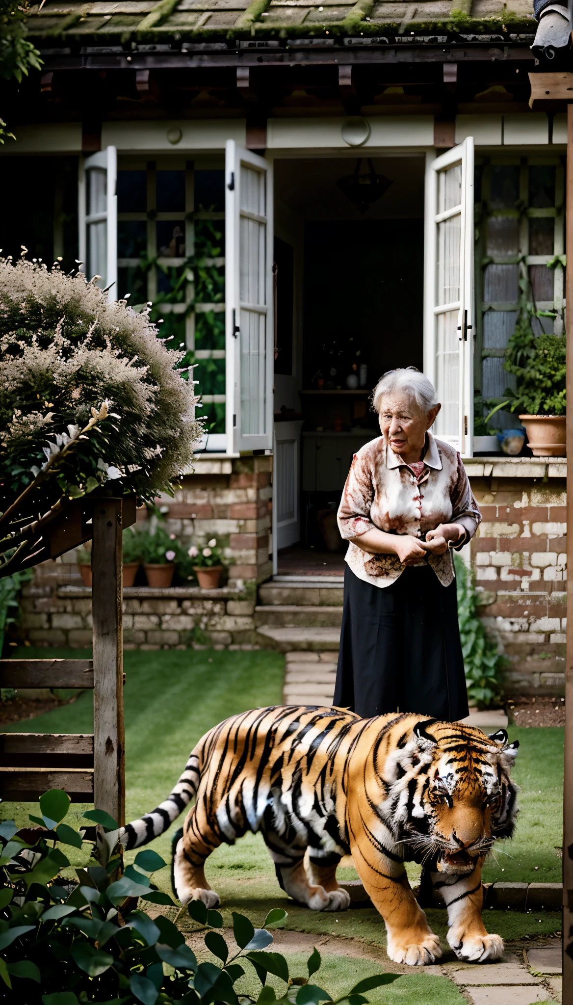 An old lady playing with a bloody angry tiger. In her yard in British style garden . Realistic, photography, smartphone camera photography.