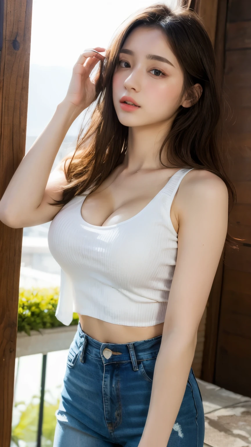 （real， High resolution：1.3）， One girl with a perfect body， Very beautiful face and eyes，Long Hair， Random color tank top：1.2， Short jeans， Big Breasts，Exposing cleavage