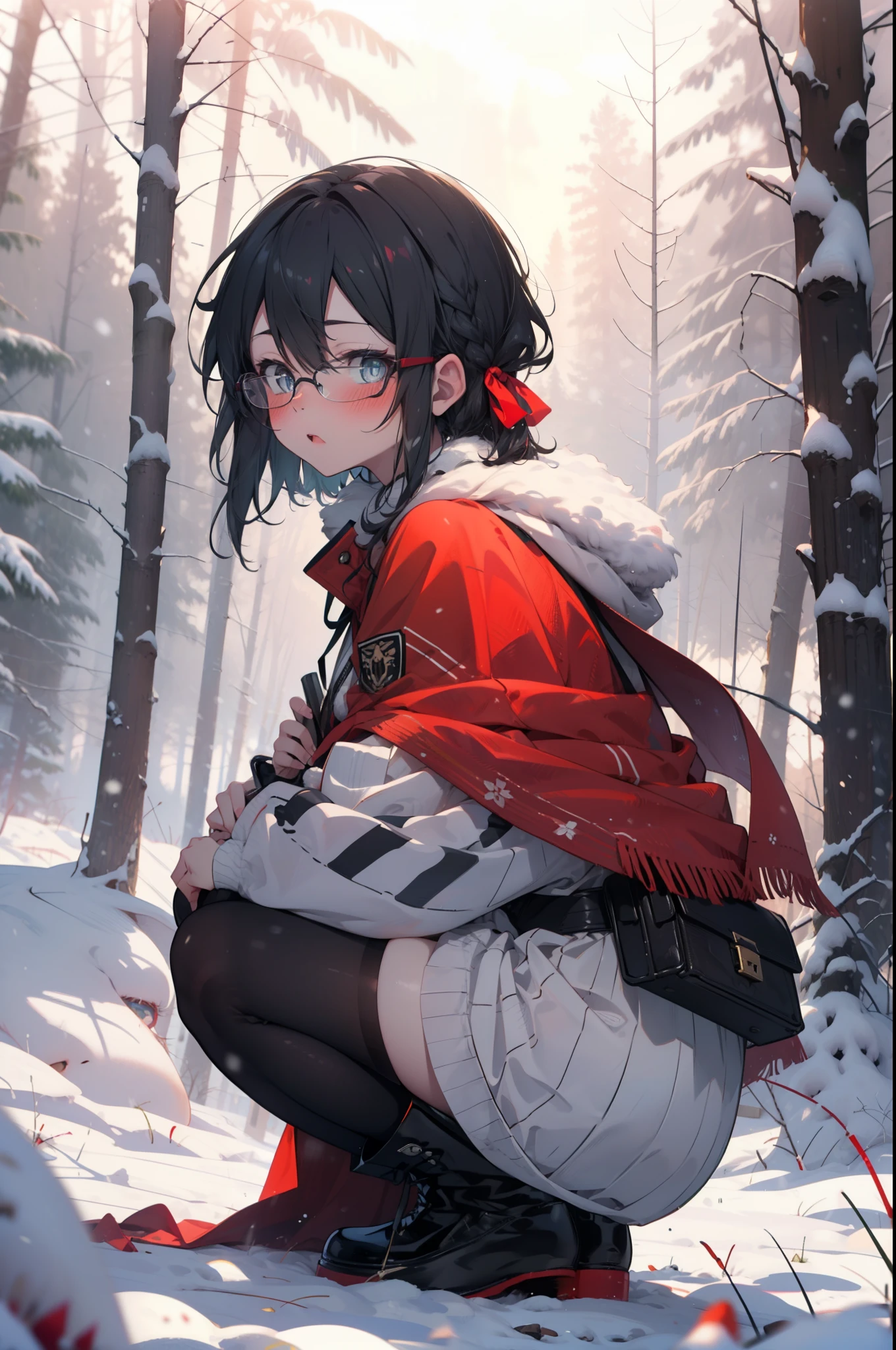 Shino Asada, Shino Asada, (black eye:1.5), Black Hair, Hair between the eyes, Hair Ribbon, short hair, Side Lock, Glasses, (Small breasts:1.2),blush,White Breath,
Open your mouth,snow,Ground bonfire, Outdoor, boots, snowing, From the side, wood, suitcase, Cape, Blurred, having meal, forest, White handbag, nature, Squat, Mouth closed, Cape, winter, Written boundary depth, Black shoes, red Cape break looking at viewer, Upper Body, whole body, break Outdoor, forest, nature, break (masterpiece:1.2), highest quality, High resolution, unity 8k wallpaper, (shape:0.8), (Beautiful and beautiful eyes:1.6), Highly detailed face, Perfect lighting, Extremely detailed CG, (Perfect hands, Perfect Anatomy),