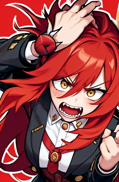 , In the academy , boku no hero academia, Close-up, Young woman with long red hair with a bun, He wears a black jacket. Expression of anger, slightly red cheeks