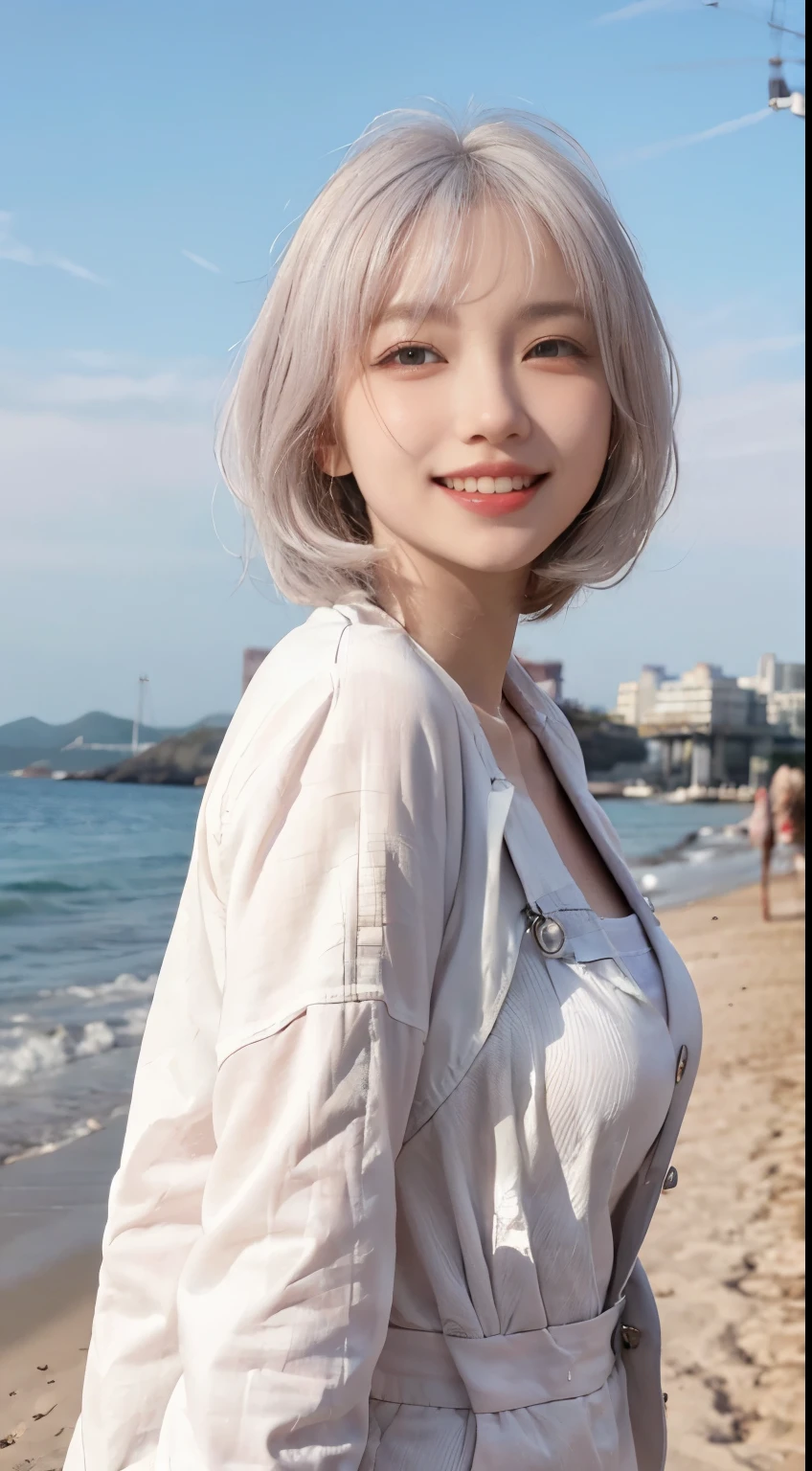 Best image quality、RAW Photos、超A high resolution、21 years old Korean、Small breasts、Dynamic Angle、Cowboy Shot、Chaos in its most beautiful form、elegant、Brutalist Design、Vibrant colors、Beautiful white hair、Short Bob、smile、fun、smile、Glowing White Skin、Beautiful eyes with random colors、Very thin lips、Beautiful eyes in every detail、length, Narrow eyes、Cheeks are pale pink、length eyelashes、Beautiful double eyelids、eye shadow、Bright white hair、Overalls、A thin see-through jacket、Sandy Beach、null、Shooting from below at an angle、Low - Angle、The wind is blowing、Hair fluttering
