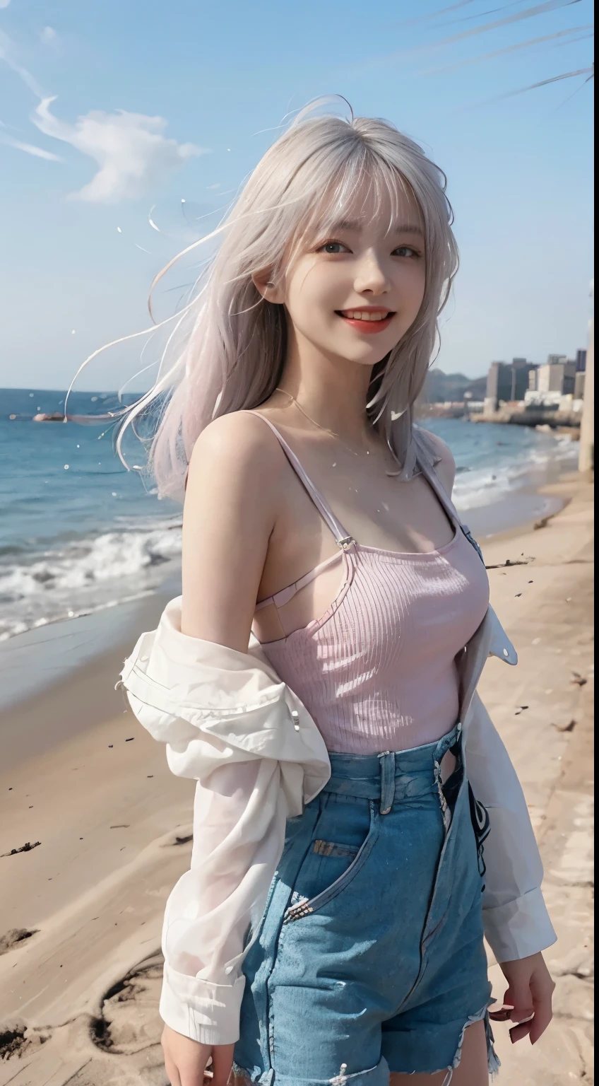 Best image quality、RAW Photos、超A high resolution、21 years old Korean、Small breasts、Dynamic Angle、Cowboy Shot、Chaos in its most beautiful form、elegant、Brutalist Design、Vibrant colors、Beautiful white hair、Short Bob、smile、fun、smile、Glowing White Skin、Beautiful eyes with random colors、Very thin lips、Beautiful eyes in every detail、length, Narrow eyes、Cheeks are pale pink、length eyelashes、Beautiful double eyelids、eye shadow、Bright white hair、Overalls、A thin see-through jacket、Sandy Beach、null、Shooting from below at an angle、Low - Angle、The wind is blowing、Hair fluttering