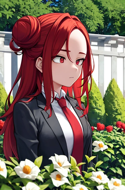 horikoshi kouhei, In the garden  , boku no hero academia, Close-up, Young woman with long red hair with a bun, He wears a black jacket.   Indifferent, bright red eyes, in school 