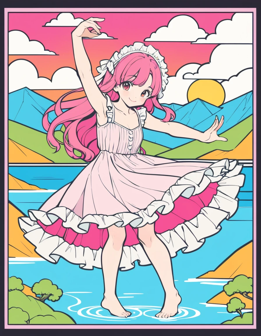 looking back, Doodle Art Style, Pop Art, kawaii, renaissance, (frilly light pink sundress:1.3), bare foot, dancing, smile, lakeside, vivid colors, flat color, 2D, strong lines, Pop Art, perspective, light and shadow, religious or mythological themes, cute, adorable, brightly colored, cheerful, anime influence, highly detailed, drawing, freeform, swirling patterns, doodle art style