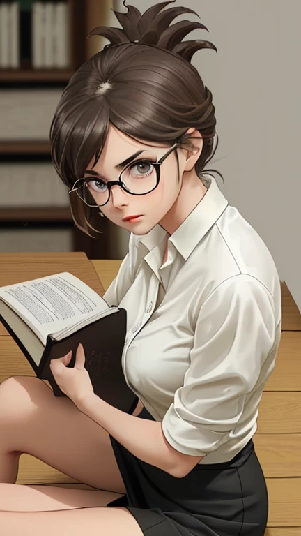 woman with brown hair tied back in a ponytail, wearing glasses, wearing a tight white shirt, tight black short skirt, sitting at a study table, holding a book, is soaking wet