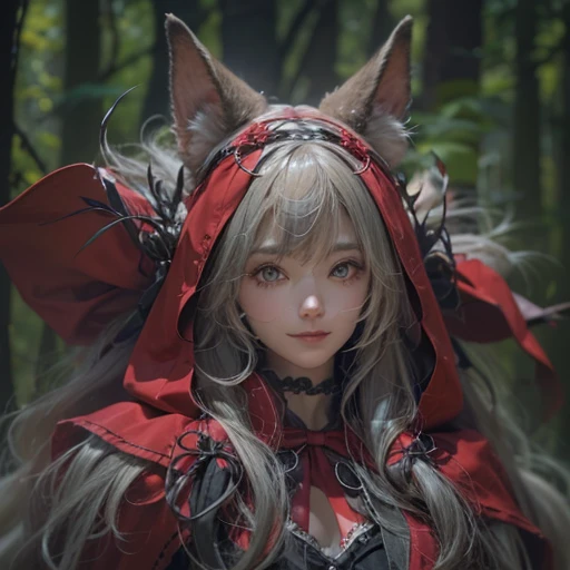 Standing in the forest、Hair flow、 ((highest quality、masterpiece、8k、Best image quality、Ultra-high resolution、Award-winning works)、(Accurate anatomy:1.1)、(Look at me and smile:1.1)、Shining fair skin with Ultra-high resolution、The most detailed face、Ultra-high resolution detailed face、Ultra-high resolutionの髪の毛、(Ultra-high resolution eye:1.1)、Beautiful face drawn in every detail、little red riding hood Costumes , Chest to chest, Strange atmosphere, A real werewolf stares at her., Dark Light, in the forest , Heavy makeup