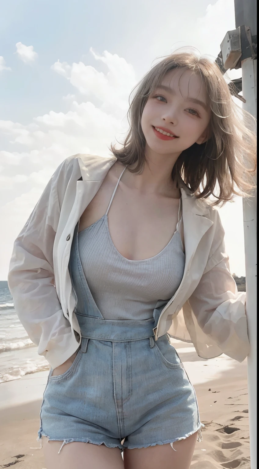 Best image quality、RAW Photos、超A high resolution、21 years old Korean、Small breasts、Dynamic Angle、Cowboy Shot、Chaos in its most beautiful form、elegant、Brutalist Design、Vibrant colors、Beautiful white hair、Short Bob、smile、fun、smile、Glowing White Skin、Beautiful eyes with random colors、Very thin lips、Beautiful eyes in every detail、length, Narrow eyes、Cheeks are pale pink、length eyelashes、Beautiful double eyelids、eye shadow、Bright white hair、Overalls、A thin see-through jacket、Sandy Beach、null、Shooting from below at an angle、Low - Angle、The wind is blowing、Hair fluttering、Uplifting