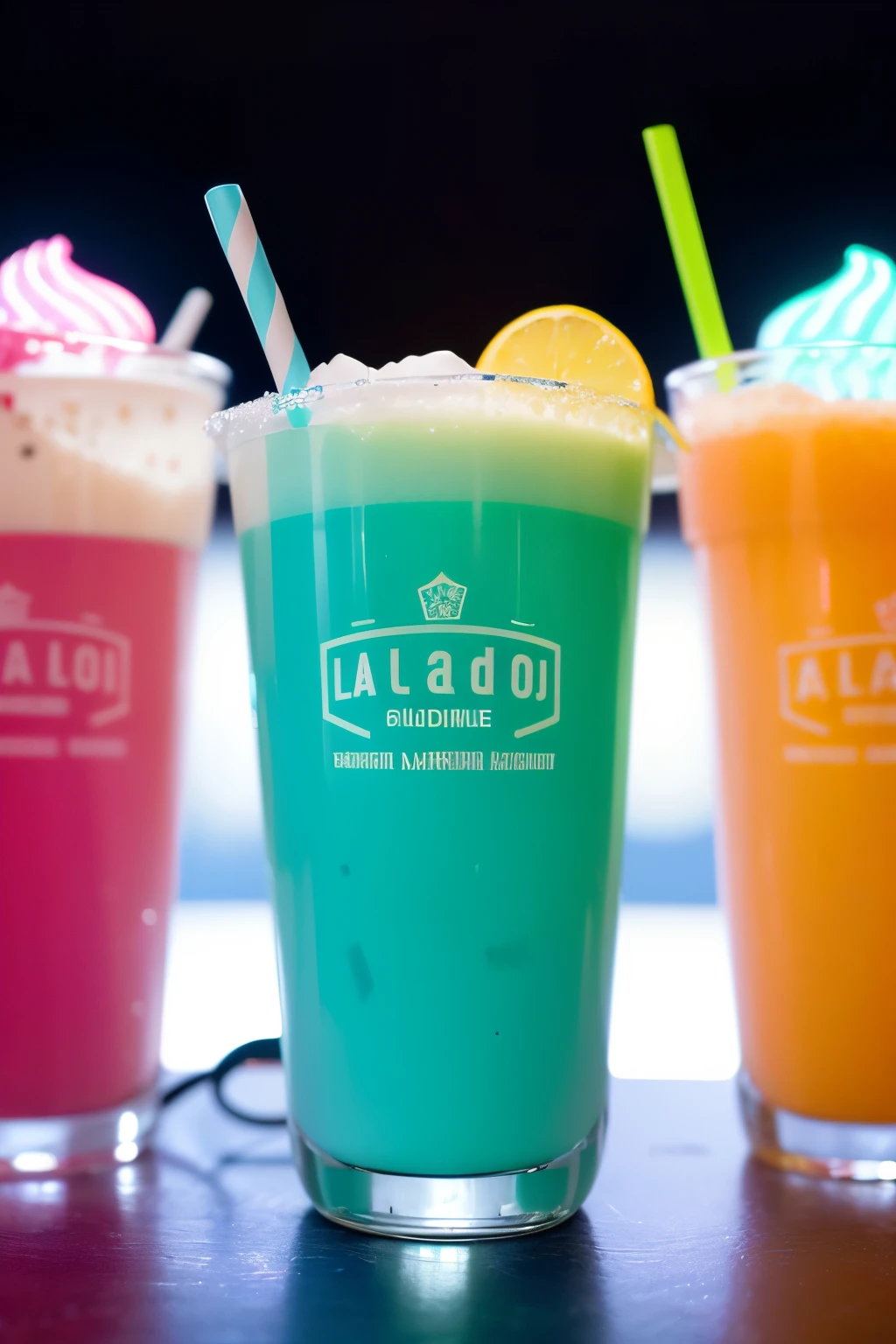 Alta calidad, ultra-detallada, maestro labor, Mocha and Pina Colada Frappe logo in neon tones, elegante y moderno. The logo design is illuminated by a pink and light blue light source, creating a neon lighting effect that stands out on a black background. The logo is designed with care, showing the silhouette of a frappe glass with a list of ingredients in pink and light blue neon letters above. The letters are designed in an elegant typography.