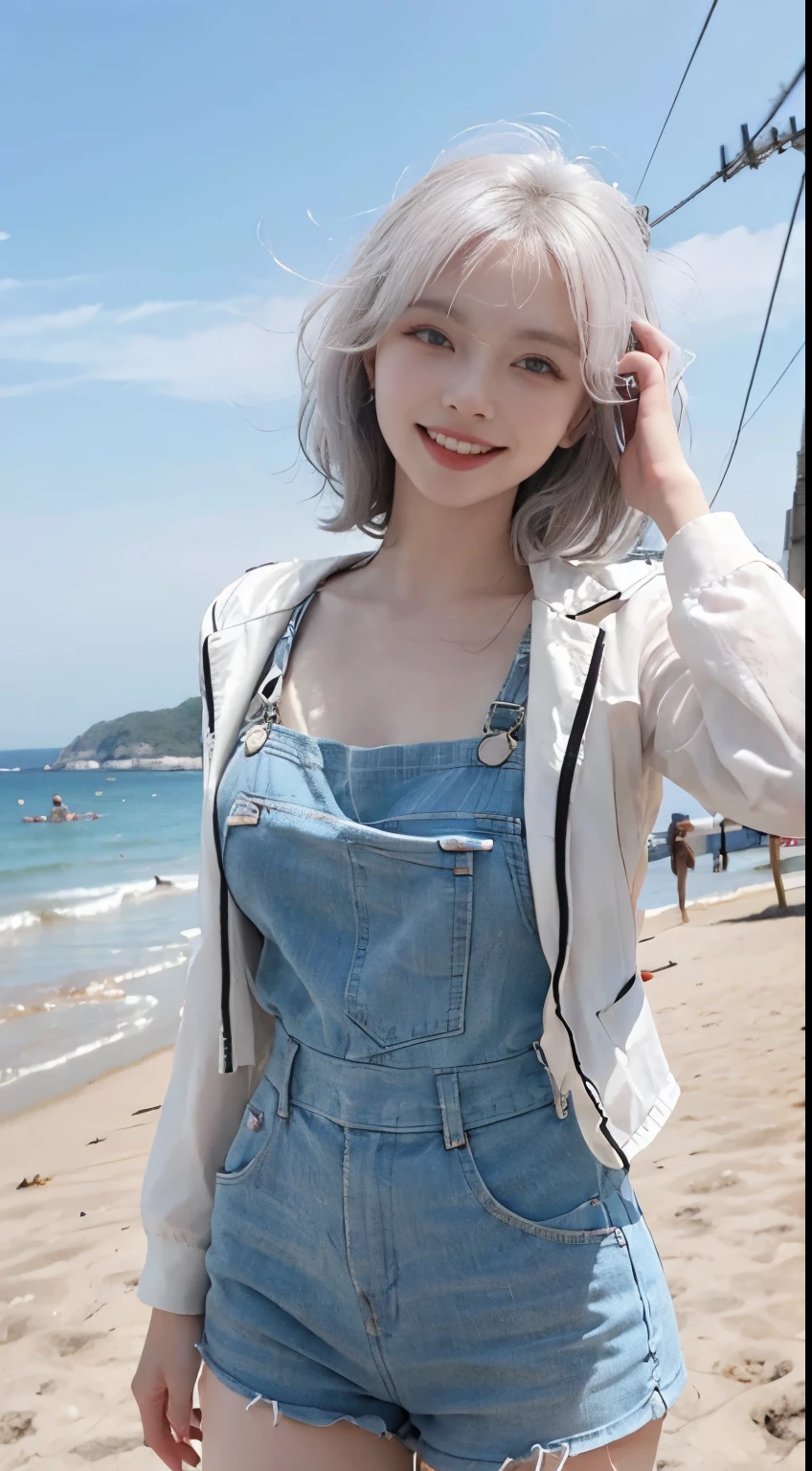 Best image quality、RAW Photos、超A high resolution、21 years old Korean、Small breasts、Dynamic Angle、Cowboy Shot、Chaos in its most beautiful form、elegant、Brutalist Design、Vibrant colors、Beautiful white hair、Short Bob、smile、fun、smile、Glowing White Skin、Beautiful eyes with random colors、Very thin lips、Beautiful eyes in every detail、length, Narrow eyes、Cheeks are pale pink、length eyelashes、Beautiful double eyelids、eye shadow、Bright white hair、Overalls、A thin see-through jacket、Sandy Beach、null、Shooting from below at an angle、Low - Angle、The wind is blowing、Hair fluttering、Uplifting