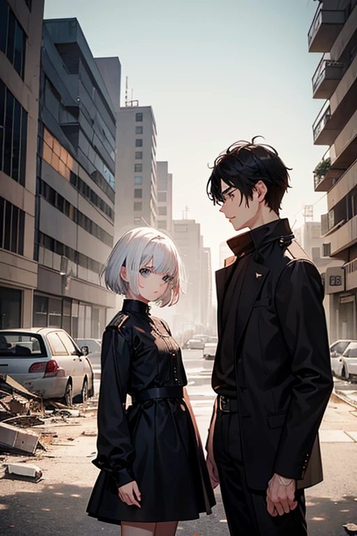 A young girl with short white hair kissing a young boy with black hair with a serious expression against a destroyed city background 