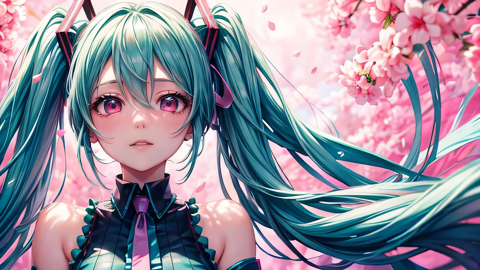 Hatsune Miku, Vocaloid, beautiful, Detailed face, Pink Hair, Pink Eyes, Pink Art, colorful, bright, whole body