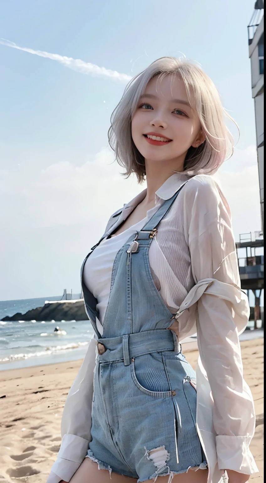 Best image quality、RAW Photos、超A high resolution、21 years old Korean、Small breasts、Dynamic Angle、Cowboy Shot、Chaos in its most beautiful form、elegant、Brutalist Design、Vibrant colors、Beautiful white hair、Short Bob、smile、fun、smile、Glowing White Skin、Beautiful eyes with random colors、Very thin lips、Beautiful eyes in every detail、length, Narrow eyes、Cheeks are pale pink、length eyelashes、Beautiful double eyelids、eye shadow、Bright white hair、Overalls、A thin see-through jacket、Sandy Beach、null、Shooting from below at an angle、Low - Angle、The wind is blowing、Hair fluttering、Uplifting