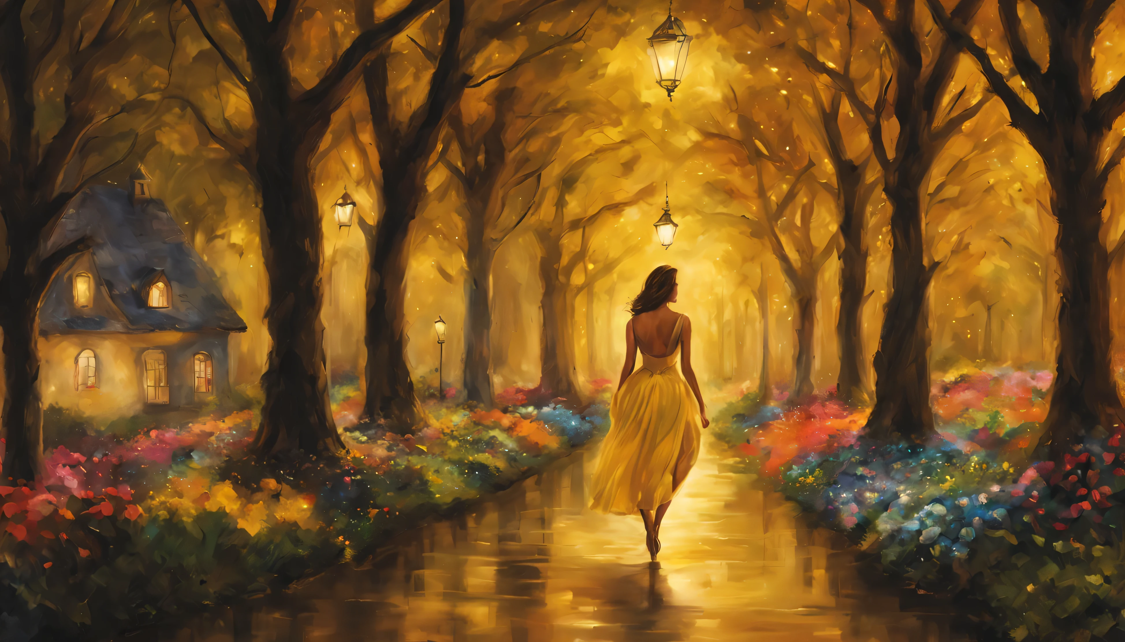 1 girl "Ileana D'Cruz com vestido Amarelo longo", pintura: a view of a path with a path leading to a garden with trees and flowers, Jardim encantado, fantasy gorgeous lighting, paisagem natural noturna, enchanted magical fantasy forest, Wonderland at night, very magical and dreamy, caminho, Lovely lighting, magical ambiance, paisagem lindamente iluminada, foto muito bonita, magic lighting, belo jardim, papel de parede bonito, magical ambiance