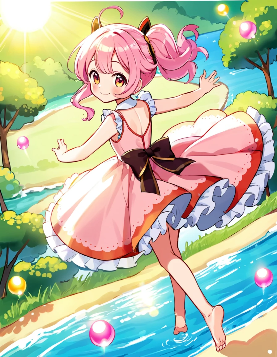 looking back, Doodle Art Style, Pop Art, kawaii, renaissance, (frilly light pink sundress:1.3), bare foot, dancing, smile, lakeside, vivid colors, flat color, 2D, strong lines, Pop Art, perspective, light and shadow, religious or mythological themes, cute, adorable, brightly colored, cheerful, anime influence, highly detailed, drawing, freeform, swirling patterns, doodle art style
