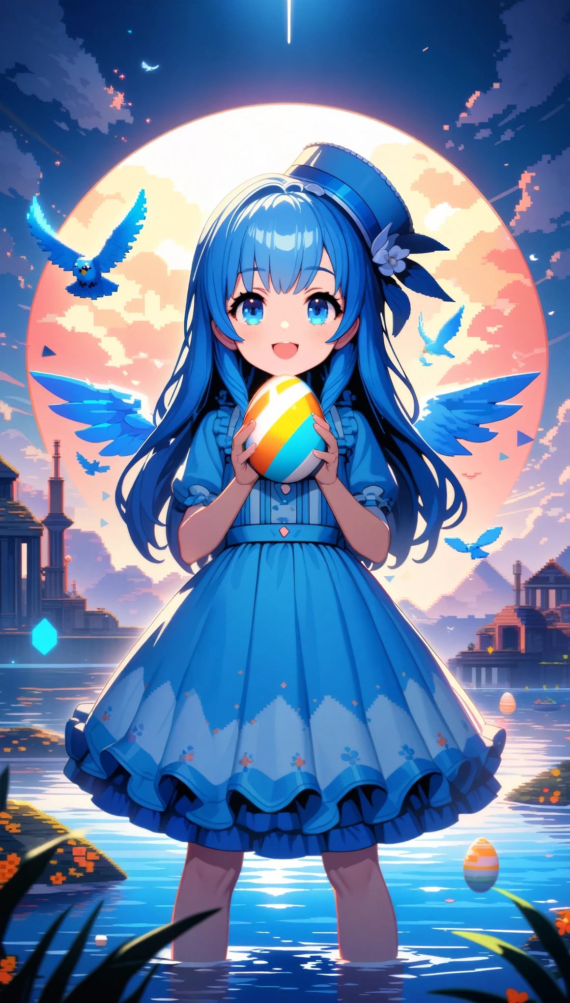 32k, best quality, ultra high res, HDR, UHD, extremely detailed CG, unity 32k wallpaper, A world full of eggs, 18-year-old, Holding a rainbow-colored egg in both hands, Very cute girl, Blue Hair, Long Hair, blue eyes, A beautiful and cute blue dress, from the front, A very beautiful sea background, Standing on the water, Particles that glow blue, bird, cloud, Egg with wings, Close your mouth and smile happily, A cute hat with blue feathers, (wing), full moon, In a retro 3D pixel art style, the cute robot cat with big claws and large guns is depicted with blocky, pixelated shapes and limited color palettes, reminiscent of classic video game graphics. The design evokes a nostalgic feel, with simple yet charming character designs and environments. The background is a pixelated, retro-futuristic landscape with geometric shapes and bright colors, reminiscent of vintage arcade games. This high-quality, high-resolution artwork, ideal for 16k wallpaper and 32k HD HDR, captures the nostalgic appeal of retro 3D pixel art, enhanced by Unreal Engine for smooth animations and vibrant retro visuals.